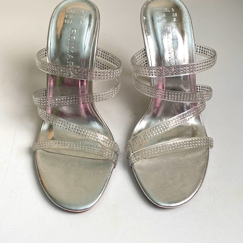 Women’s Silver Heels Size 5 | Transparent Straps with Silver Details | Elegant &